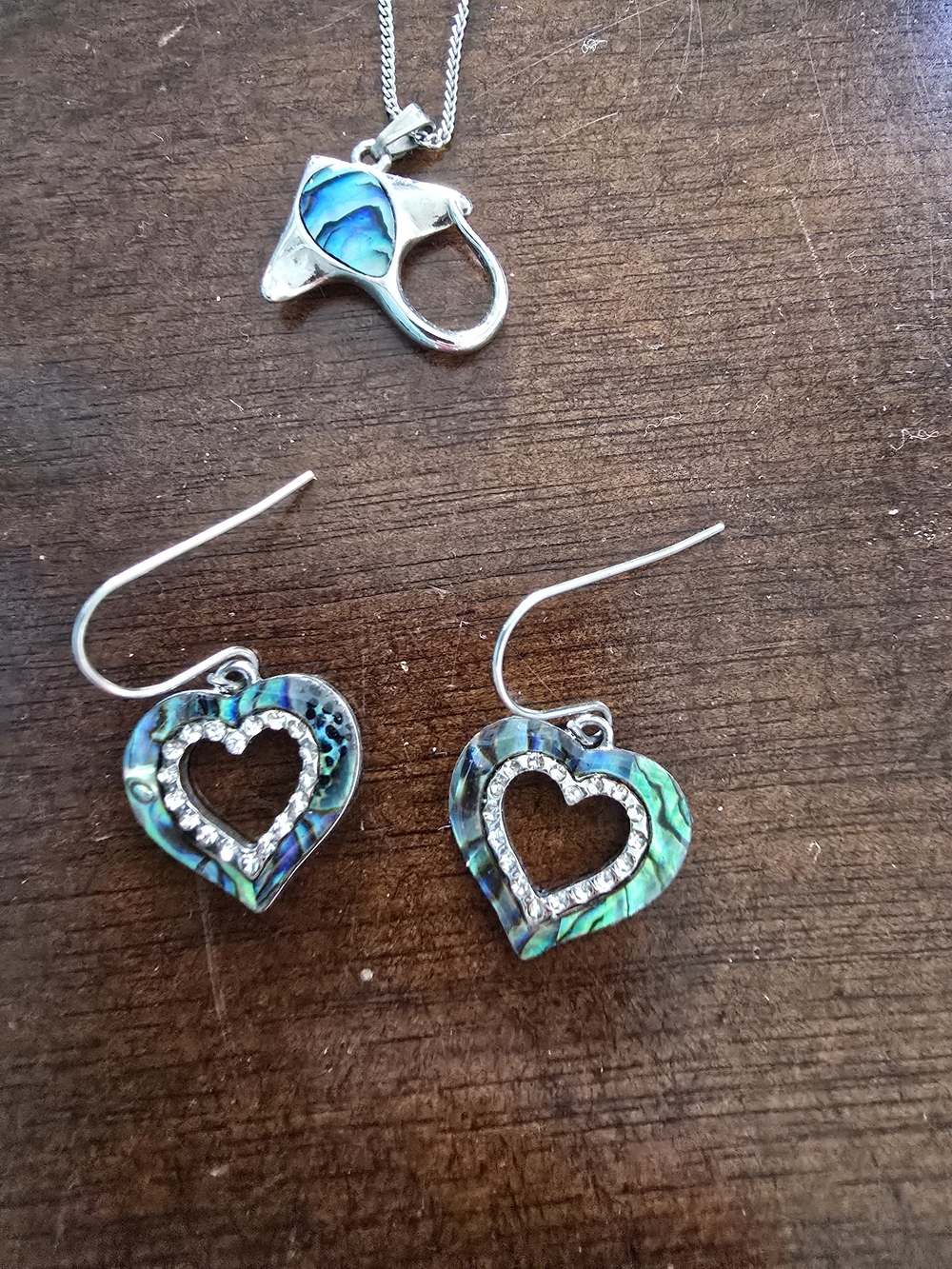 Abalone Heart Drop Earrings and Pendant Set - Iridescent Blue-Green - Unbranded